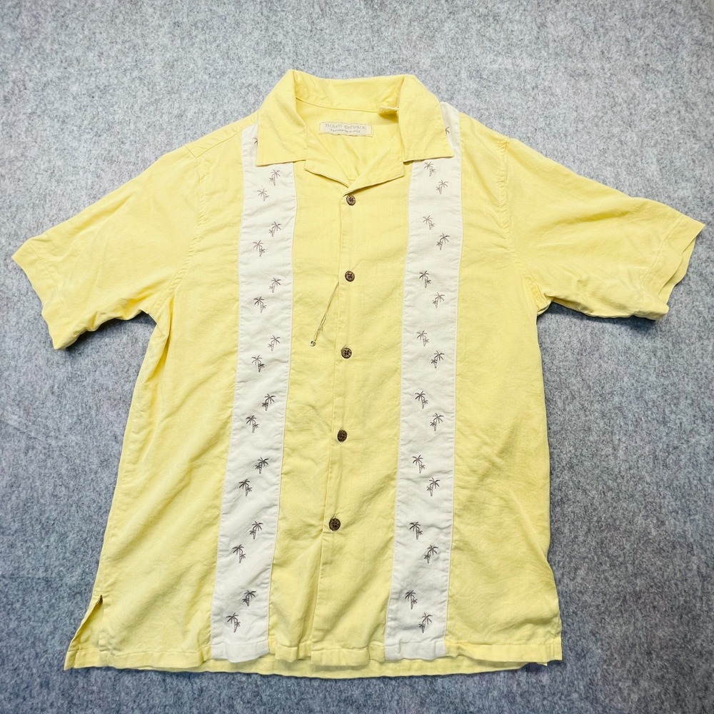 Island Republic Camp Shirt Men Medium Yellow Palm Tree Embroidered Short Sleeve